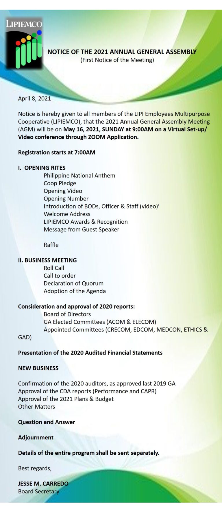 LIPIEMCO GENERAL ASSEMBLY FIRST NOTICE